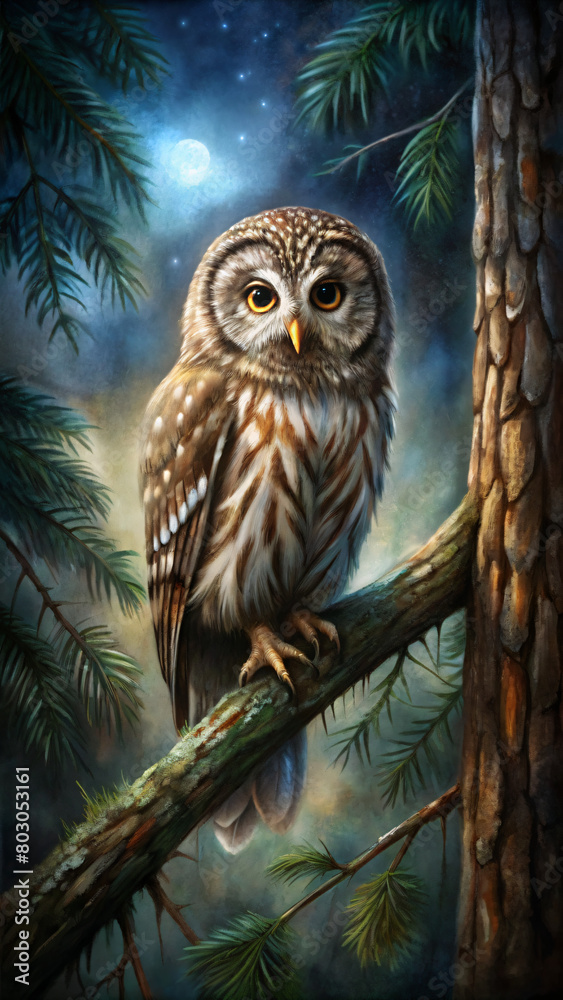 Majestic Owl Perched in Moonlit Forest Majestic Owl Perched in Moonlit Forest