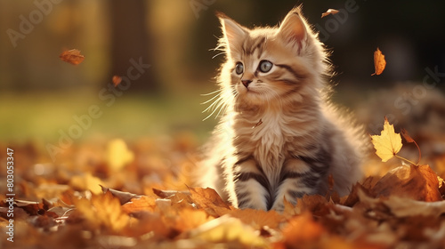 Broun cat in autumn park and autumn leaf photo