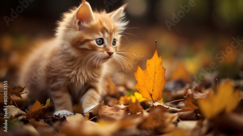Broun cat in autumn park and autumn leaf