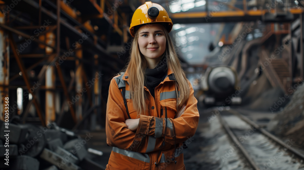 Repair and construction of the railway. A beautiful woman with long blond hair wearing a yellow helmet and an orange jacket Repair and construction of the railway. A beautiful woman with long blond hair wearing a yellow helmet and an orange jacket