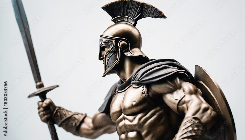 Obraz premium statue of spartan soldier, isolated white background, copy space for text 