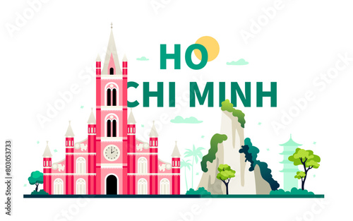 Architecture of Ho Chi Minh City - modern colored vector illustration with Tan Dinh Church. Pink chapel harmoniously combines Baroque, Gothic style and Renaissance elements. Tropical nature of asia
