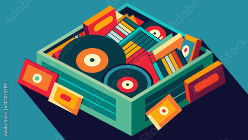 An overhead shot of a crate of records being flipped through the vibrant album covers creating a mesmerizing pattern. Vector illustration