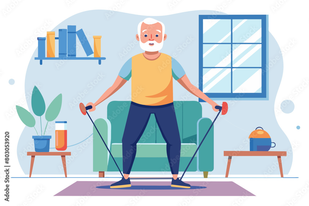 Fototapeta premium Senior active exercise training sport fitness home band resistance elastic equipment strong strength stretching man pilates gym modern flat design simple vector illustration isolated transparent