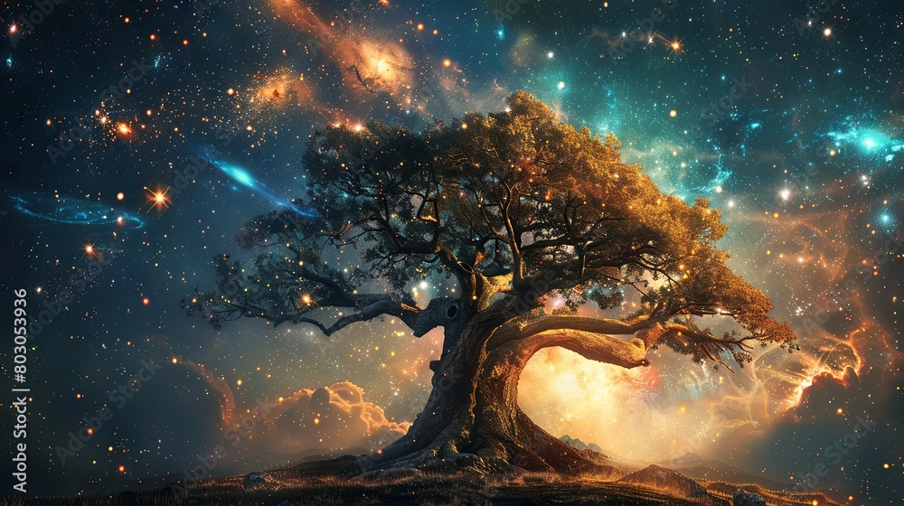Cosmic tree glowing with stars and nebulae at night Cosmic tree glowing with stars and nebulae at night