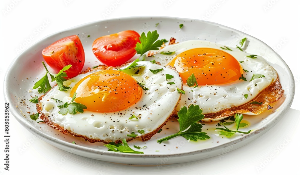 Delicious sunny side up eggs on a plate with fresh tomatoes and parsley