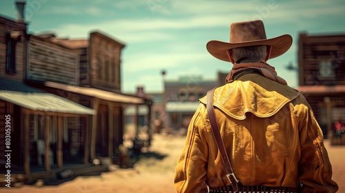 Cowboy in western town with leather jacket and hat