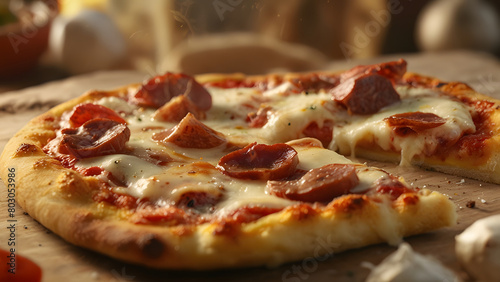 Pizza with meat mozzarella cheese and tomato sauce on black background