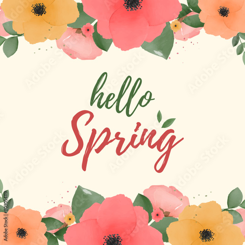 Hello spring - on watercolor floral background.