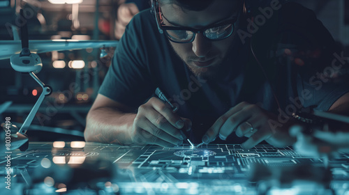 A man with glasses is working intently at the monitor of a modern futuristic computer screen. The concept of the profession photo