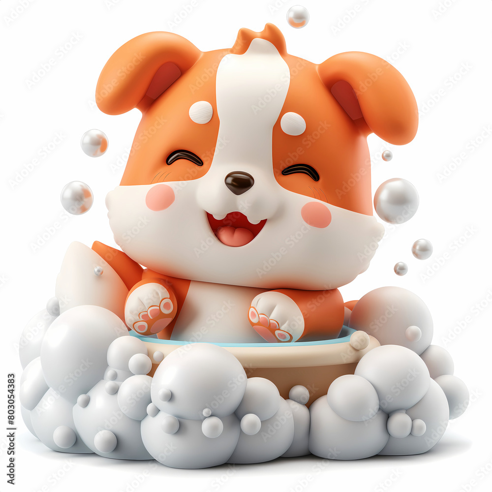 A cute 3d cartoon dog sitting in a bathtub, covered in soap bubbles, enjoying a bath isolated on white background A cute 3d cartoon dog sitting in a bathtub, covered in soap bubbles, enjoying a bath isolated on white background