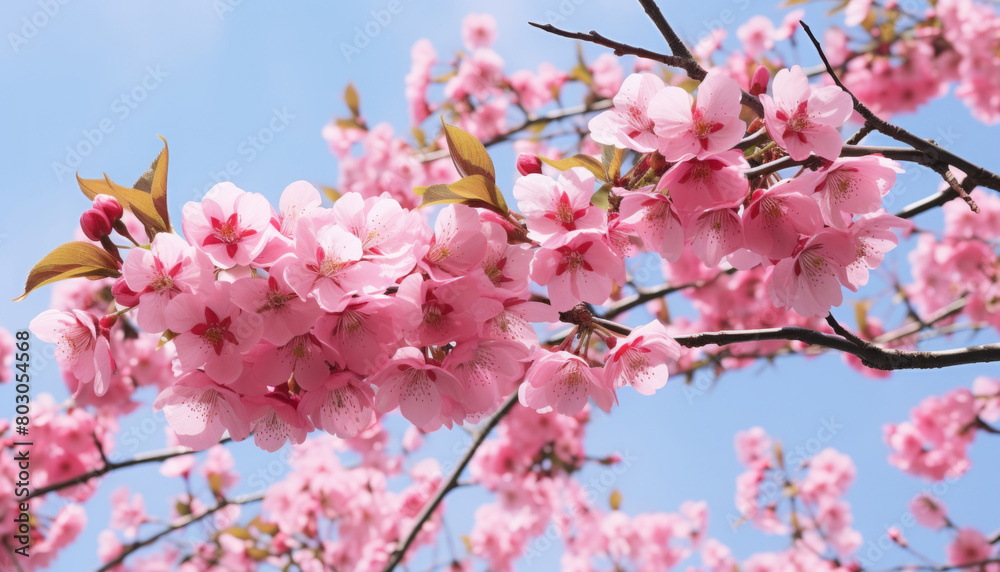 Selective focus of beautiful branches of pink Cherry blossoms on the tree under blue sky, Beautiful Sakura flowers during spring season in the park, Flora pattern texture, Nature floral background.