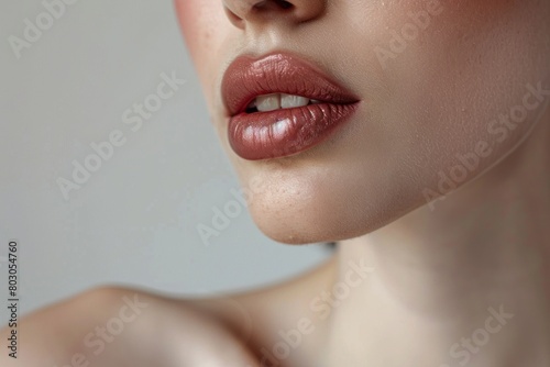 Close up of lips, with smooth and plump pink lipstick. Close shot of a woman's face. High resolution photography with detailed skin texture