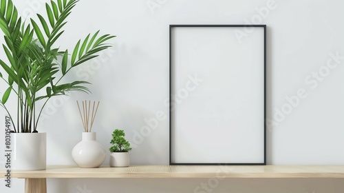 Frame mockup  wood chest of drawers and green plant  white wall home room interior  3D render