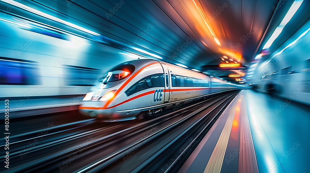 A modern train speeds through a colorful, illuminated tunnel.