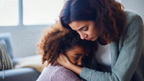 Comforting moment between mother and distressed child in a mental health clinic setting.