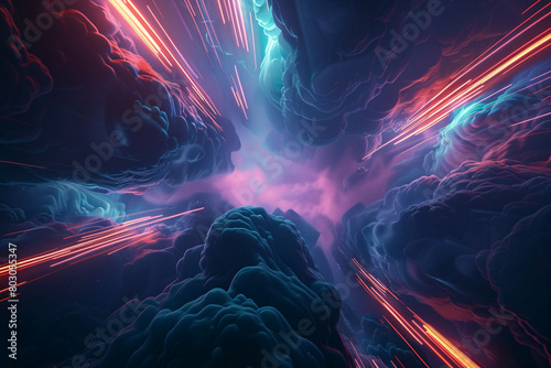 Vivid, abstract image of neon clouds and streaks of light in a dark, ethereal atmosphere