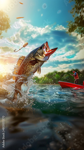  large fish leaping out of the water with a baited hook near its mouth  and a fisherman in a red kayak in the background.