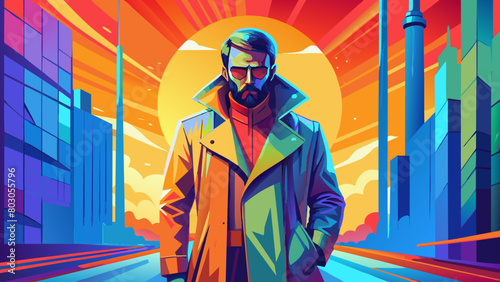 incognito (a man without a face, he stands against the background of darkness in a leather raincoat)