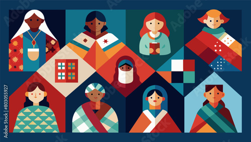 A collection of handmade quilts each one telling a different story of survival and strength in the face of oppression.. Vector illustration
