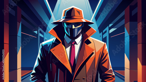 incognito (a man without a face, he stands against the background of darkness in a leather raincoat)