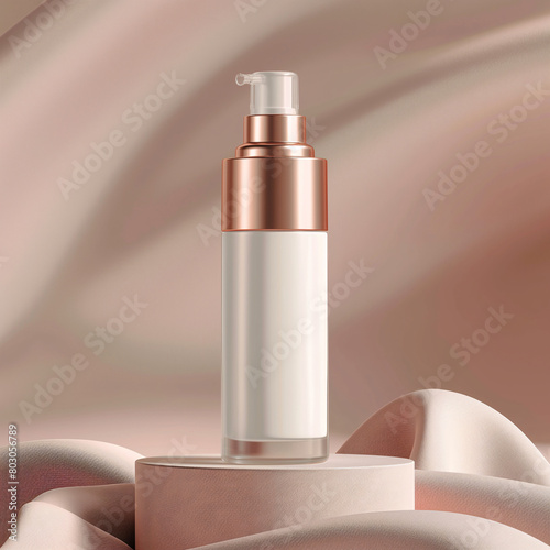 A white and copper pump bottle on a pedestal, with a soft, wavy, beige background photo