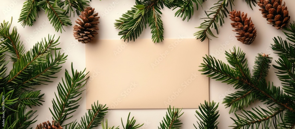 Christmas tree branches arranged artistically with a paper card note in a flat lay style, embodying a natural New Year theme. Christmas tree branches arranged artistically with a paper card note in a flat lay style, embodying a natural New Year theme.