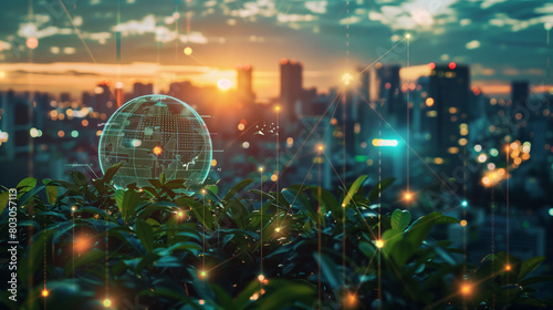 a glass ball on a plant and city background, concept on the importance of environmental protection for our future, created with generative AI technology