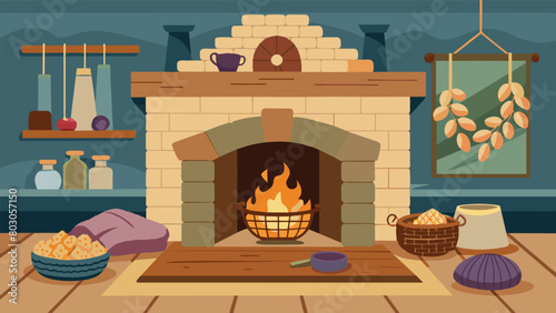 Inside the cottage a stone fireplace stands as the centerpiece of a cozy living room its mantel decorated with dried flowers and woven baskets filled.