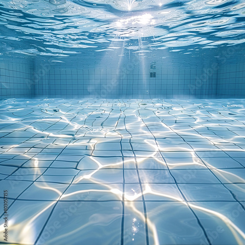 Underwater view of a sunlit pool with light rays penetrating clear blue waters photo