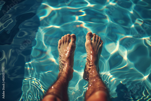 A close-up of a couple's feet submerged in the cool, sparkling water of a private pool.