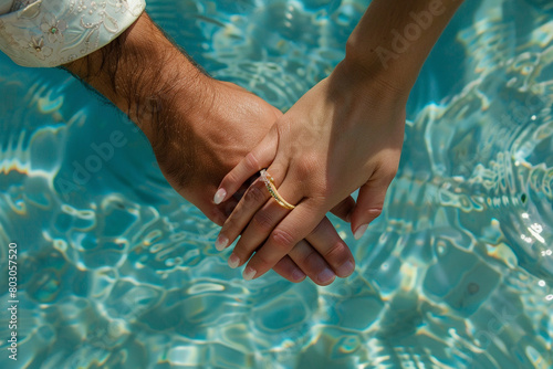 A close-up of a couple's hands intertwined, adorned with matching wedding bands, near the pool.