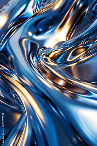Mesmerizing blend of golden and blue metallic waves create a stunning abstract pattern