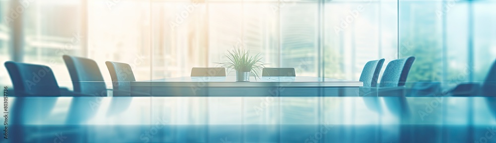 Fototapeta premium Executive Gathering: Conference Table and Blue Chairs Arranged Before Glass Wall Backdrop