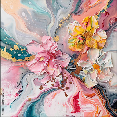 Fluid abstract expressionism, blooming flowers, Aesthetics colorful floral inspirational tenderness illustration, oil paint, Wall decoration photo, Generated AI.	