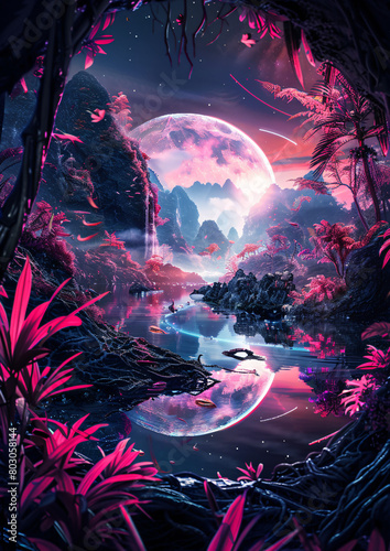 A mystical landscape with a full moon, pink foliage, mountains, and a reflective lake photo