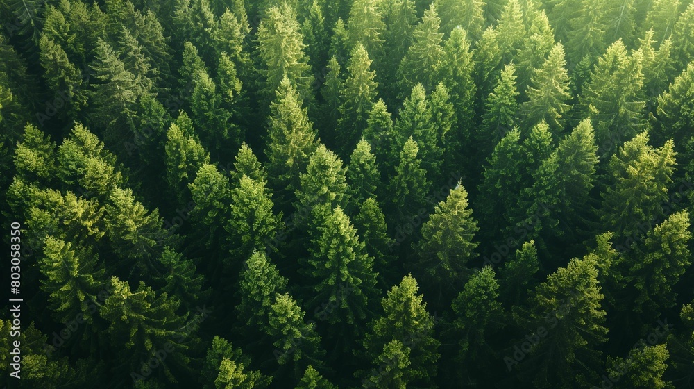 Sunlit Aerial View of Dense Green Forest.