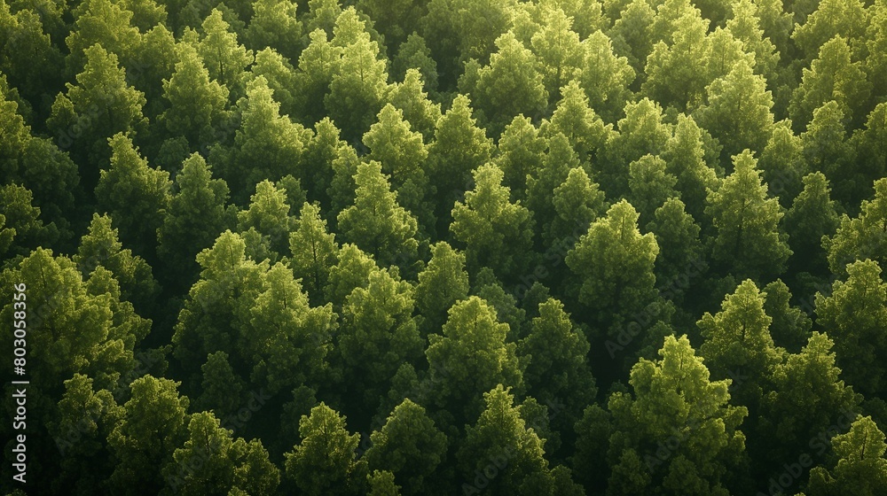 Naklejka premium Sunlit Aerial View of Dense Green Forest.