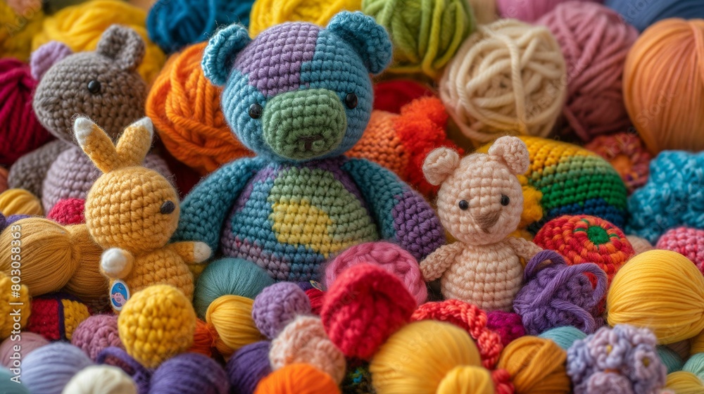 Colorful collection of crocheted toys.