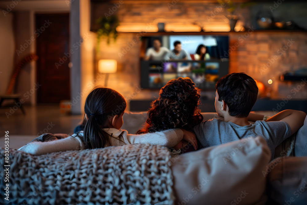 A family watching television together on a comfortable couch in the living room.


