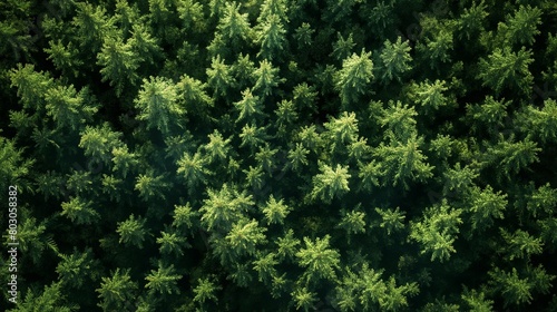 Sunlit Aerial View of Dense Green Forest.