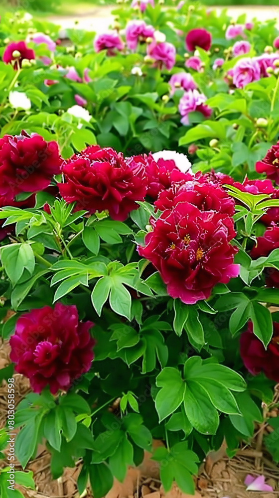 garden of blooming red and pink peonies amidst lush green leaves.