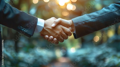Two businessmen shaking hands outdoors.