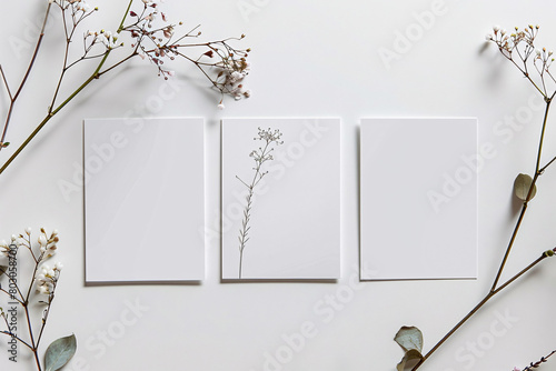 three blank canvases surrounded by blossoming branches on a white background. photo