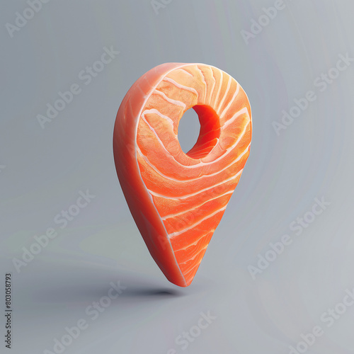 A location pin made of salmon sushi on a grey background photo