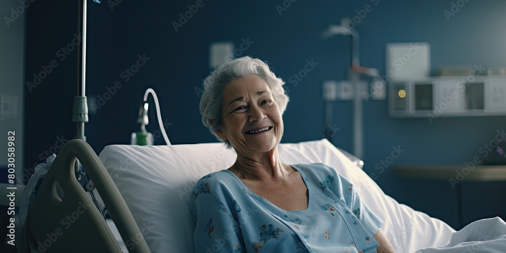 Obraz premium Woman Smiles in Dimly Lit Hospital Room, Sporting Blue Hospital Gown