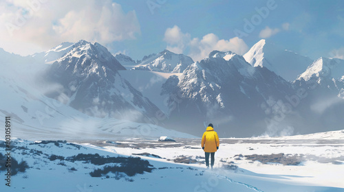 Person in yellow jacket walking towards snow-covered mountains. photo