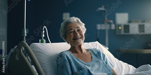 Woman Smiles in Dimly Lit Hospital Room, Sporting Blue Hospital Gown