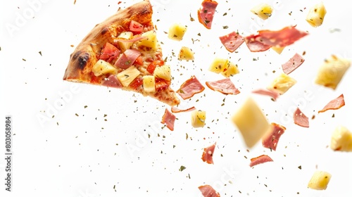 A slice of pizza with pineapple and ham toppings mid-air against a white background appears to be frozen in motion, with ingredients scattered dynamically. photo