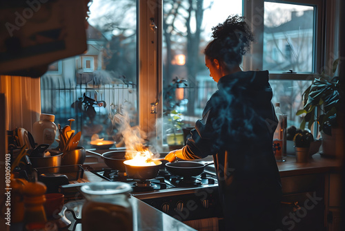 A person cooking dinner in a cozy kitchen with pots and pans on the stove.


